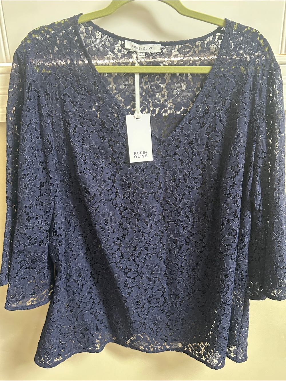 Rose & Olive Navy Floral Lace V-Neck Blouse
